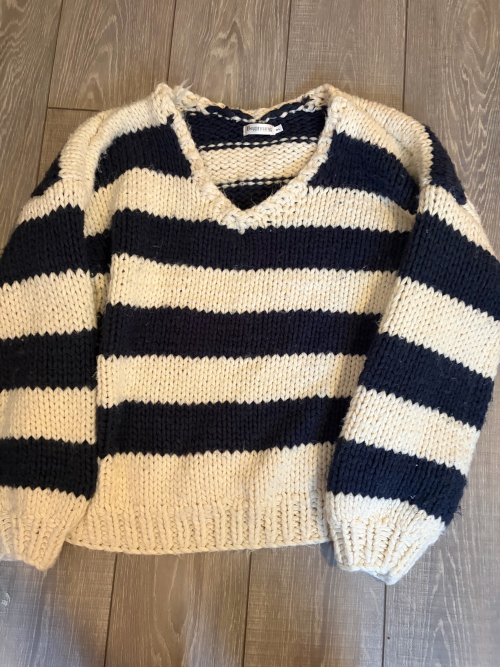 Beginning Boutique Cream and Navy Striped V-Neck Sweater